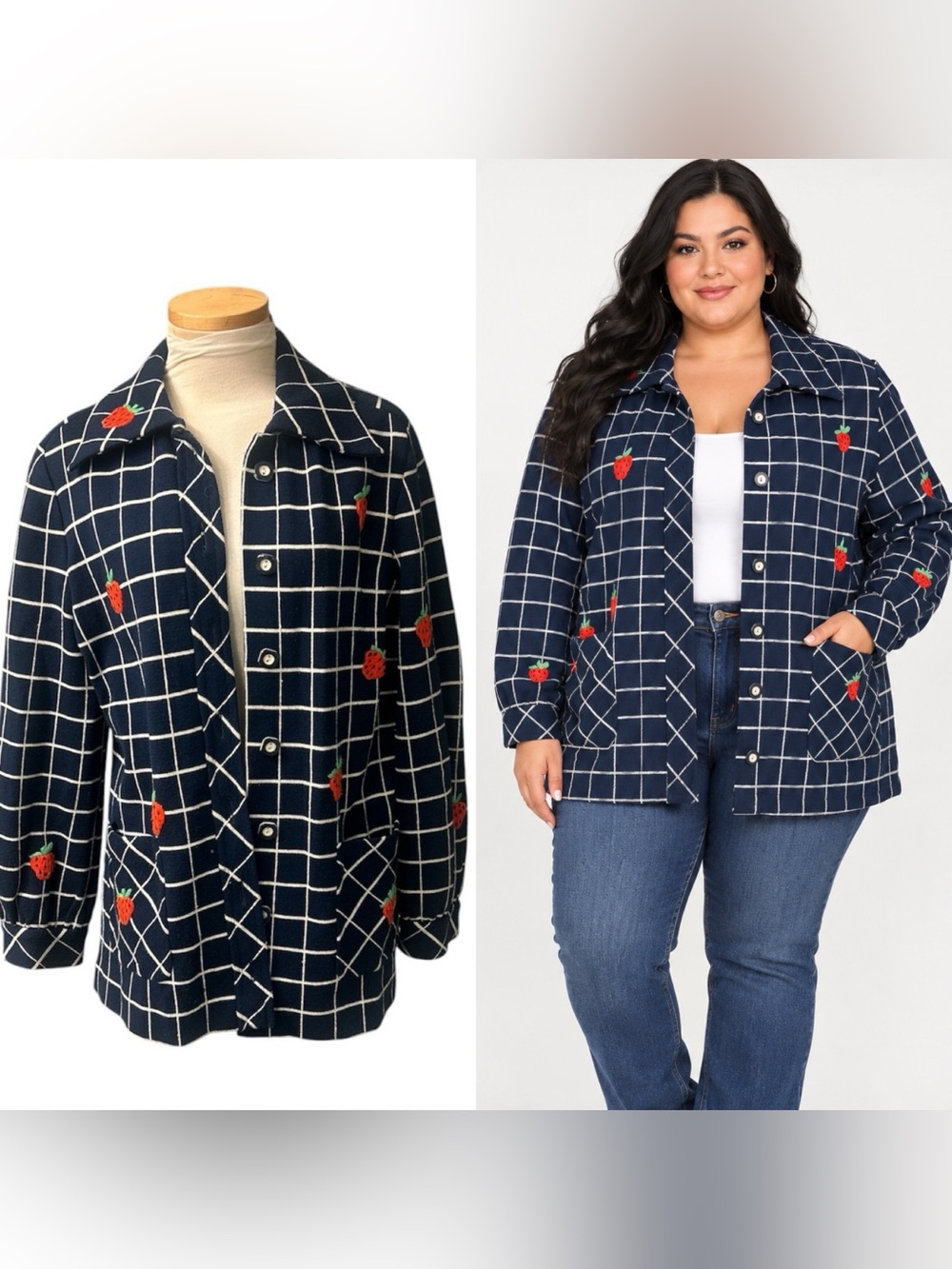 LeRoy Vintage Navy Grid Strawberry Embroidered Button-Front Jacket Size Large